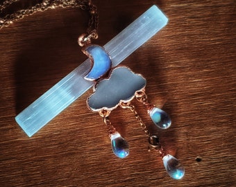 Moon Drops - Copper Electroformed Necklace with white moonstone, opalite & aura glass