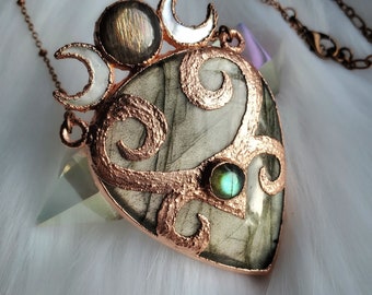 Sacred Feminine - Copper Electroformed Necklace with Labradorite, Sunstone and Mother of Pearl