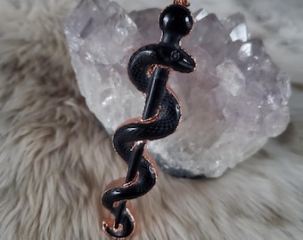 Shadow Serpent – Black Obsidian Snake Necklace – Dark Goddess Talisman – Copper Electroformed Protection Pendant – Witch Jewelry