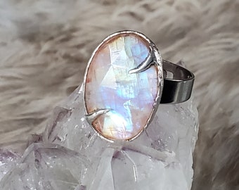 Unicorn tears - Silver Soft Solder ADJUSTABLE Ring with Rainbow Moonstone