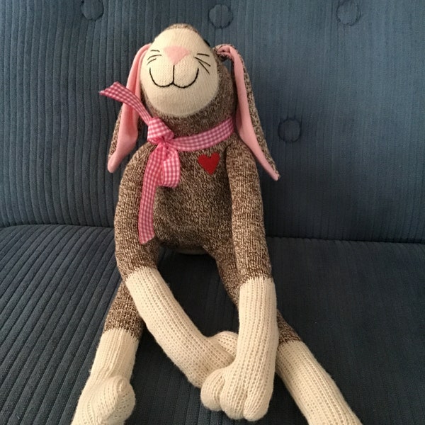 Sock Monkey Bunny Rabbit  Doll from Vintage Red Heel Socks