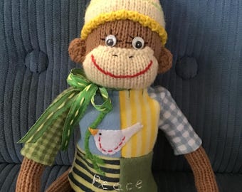 Knitted Lanky Sock Monkey Doll PEACE