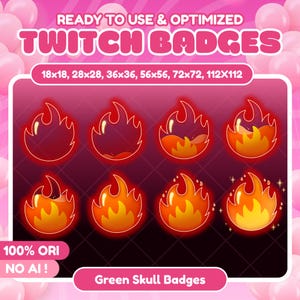 Op de afbeelding: Een digitale afbeelding met gestileerde vuur-iconen in verschillende animatiestadia. De iconen hebben rode contouren met oranje en gele vlammen. Bovenin staat de tekst "READY TO USE & OPTIMIZED TWITCH BADGES". De badge-formaten variëren van 18x18 tot 112x112 pixels.