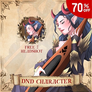 May include: Digital illustration of a fantasy character with blue hair, red horns, and pointed ears, playing a lute. The image includes text that reads "DND CHARACTER" and "FREE 1 HEADSHOT". A red circle indicates a 70% discount.