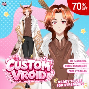 Puede incluir: Una ilustración digital de un personaje con cabello castaño rojizo, orejas puntiagudas y antenas de polilla. El personaje viste una camisa marrón, pantalones negros y una capa con borde de piel blanca y patrones dorados. El texto incluye CUSTOM VROID.