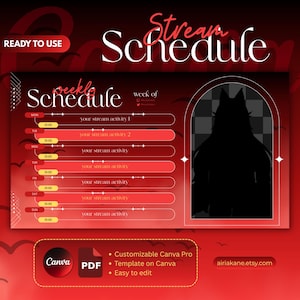 May include: A red and black digital stream schedule template with the words "Stream Schedule" at the top. The template includes a weekly schedule layout with space for stream activities and a customizable Canva Pro option.