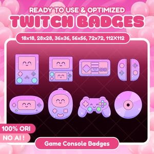Puede incluir: Un conjunto de insignias de Twitch rosas y moradas con diseños de consolas de juegos, incluyendo una consola portátil, un mando y un cartucho de juego. El texto incluye "READY TO USE & OPTIMIZED TWITCH BADGES" y "Game Console Badges".