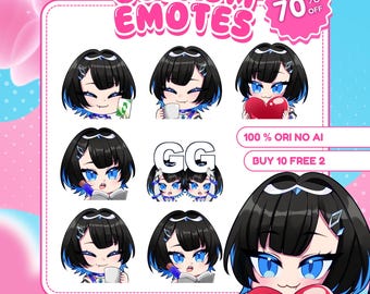 May include: A promotional image for custom emotes. The image features multiple anime-style character designs with black hair and blue accents. Text includes "CUSTOM EMOTES", "70% OFF", "100% ORI NO AI", and "BUY 10 FREE 2". The bottom text reads "READY TO USE - PREMIUM QUALITY - MANY SIZE EXPORT".