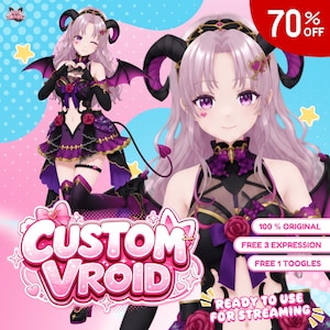 May include: A digital character model featuring long light purple hair, black horns, and purple wings. The character wears a black and purple outfit with rose accents. Text includes CUSTOM VROID, 70% OFF, 100% ORIGINAL, FREE 3 EXPRESSION, FREE 1 TOOGLES, and READY TO USE FOR STREAMING.