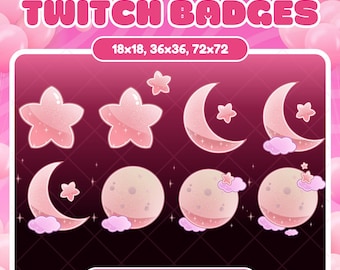 Pink Star & Moon Twitch Badges: Kawaii Sub Bit Badges (Digital Download)