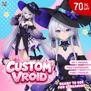 May include: A 3D anime-style character model with long silver hair and purple eyes, wearing a black and white witch outfit with a wide-brimmed hat. The image includes text reading CUSTOM VROID, 100% ORIGINAL, FREE 3 EXPRESSION, FREE 1 TOOGLES, and READY TO USE FOR STREAMING.
