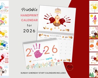 Calendario imprimible de huellas de manos 2026: arte infantil y manualidades familiares de temporada