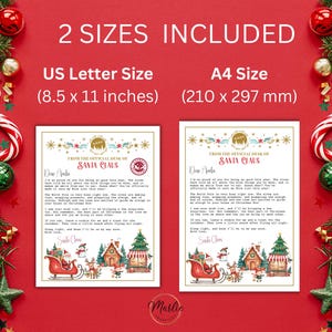 May include: Printable letter from Santa Claus in two sizes: 8.5 x 11 inches and A4 (210 x 297 mm). The letter features a festive design with a red and white Santa Claus sleigh, a Christmas tree, and a gingerbread house. The letter includes the text "From the Official Desk of Santa Claus".