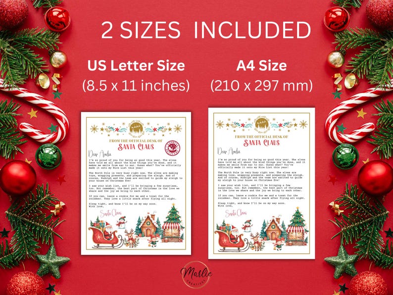 May include: Printable letter from Santa Claus in two sizes: 8.5 x 11 inches and A4 (210 x 297 mm). The letter features a festive design with a red and white Santa Claus sleigh, a Christmas tree, and a gingerbread house. The letter includes the text "From the Official Desk of Santa Claus".