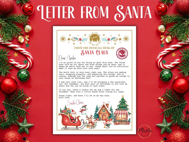 May include: A personalized letter from Santa Claus with a festive illustration of Santa's sleigh and reindeer. The letter includes a message to Amdia, praising her good behavior and promising a visit on Christmas Eve.