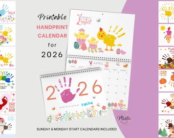 Calendario imprimible de huellas de manos 2026: recuerdo infantil y manualidad de temporada