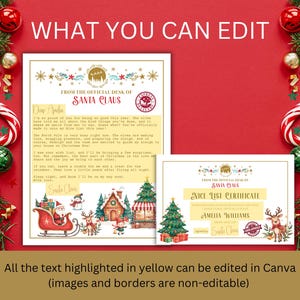 May include: A printable Christmas letter and certificate from Santa Claus. The letter is addressed to Ada and includes a message from Santa. The certificate is for Amelia Williams and states that she is on the nice list. Both documents feature festive illustrations of Santa, elves, and a winter village.