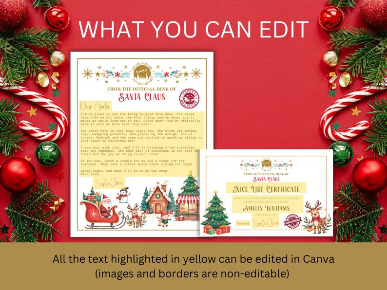 May include: A printable Christmas letter and certificate from Santa Claus. The letter is addressed to Ada and includes a message from Santa. The certificate is for Amelia Williams and states that she is on the nice list. Both documents feature festive illustrations of Santa, elves, and a winter village.