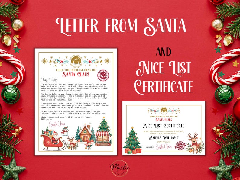May include: A printable letter from Santa Claus and a nice list certificate. The letter is written in a festive font and includes a Christmas scene with a snowman, a house, and a tree. The certificate is in a similar style and includes the name Amelia Williams.