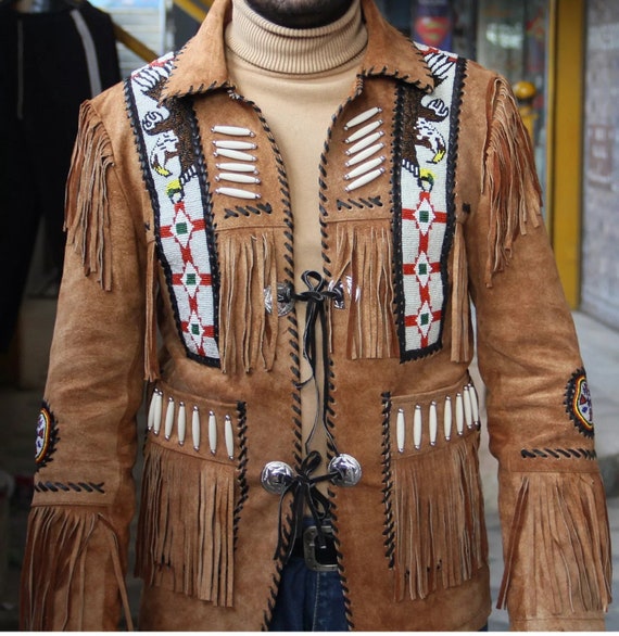 Men Native American Western Cowboy Suede Jacket Fringe Bead Work Etsy UK
