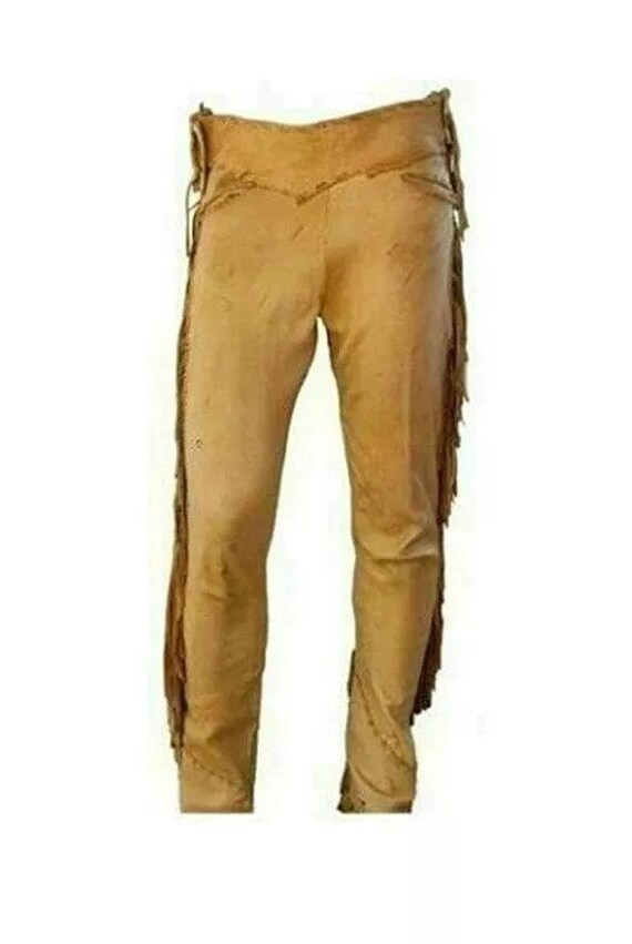 Pantalon de cuero de gamuza nativo de vaquero occidental americano para hombre con flecos laterales de pierna completa Color marron dorado Etsy Espana