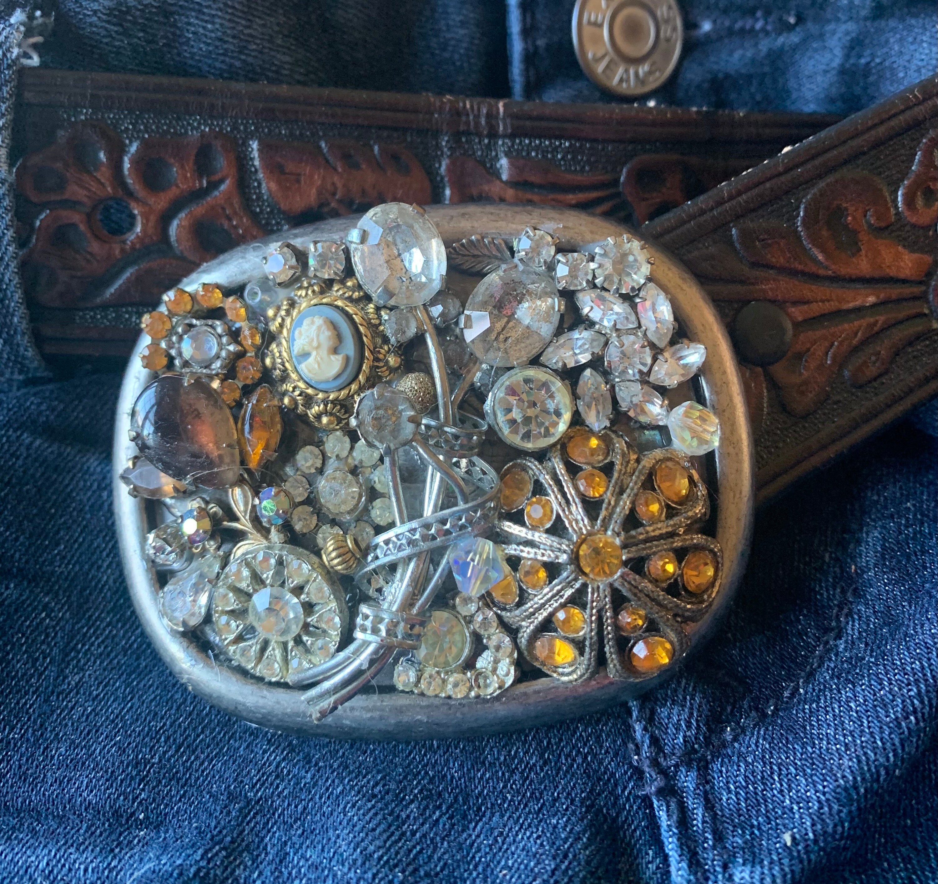 Massive gold tone upcycled vintage rhinestones earrings jewelry belt buckle Upcycled gold toned earrings with vintage elements main image 3