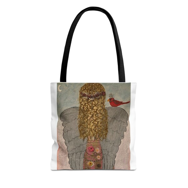 Tote Bag (AOP) created from a print of my original artwork “mixed media angel”