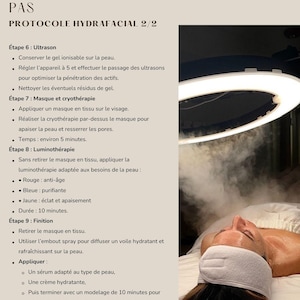 May include: Image of a facial treatment procedure with text in French. The image shows a person undergoing a HydraFacial treatment, with steps including ultrasound, mask, cryotherapy, and light therapy. The Geneva Eyes logo is visible.