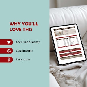 May include: A digital tablet displaying a Home Renovation Cost Overview spreadsheet with tables and financial data. The left side features red text reading Why You'll Love This, with icons for a heart, gear, and lightbulb next to text descriptions.