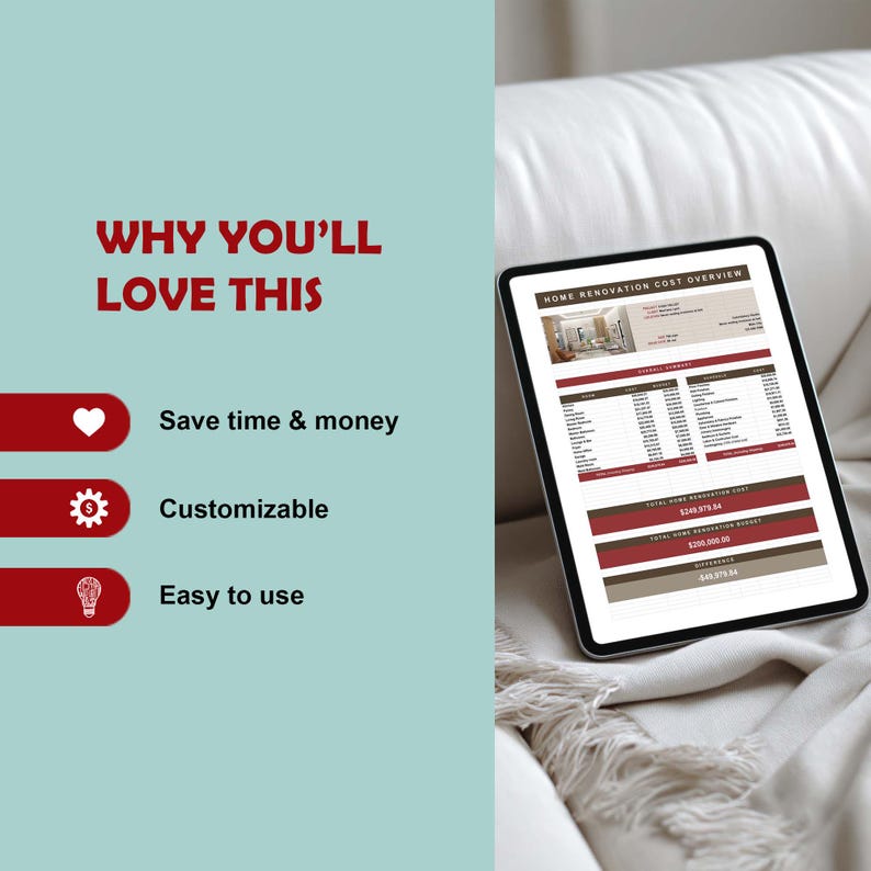 May include: A digital tablet displaying a Home Renovation Cost Overview spreadsheet with tables and financial data. The left side features red text reading Why You'll Love This, with icons for a heart, gear, and lightbulb next to text descriptions.