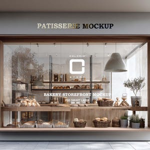 May include: A bakery storefront mockup with a glass display window. The sign above reads "PATISSERIE MOCKUP" in gold lettering. Baskets of bread and pastries are visible inside. The storefront also features the text "BAKERY STOREFRONT MOCKUP" and "PSD SMART LAYER".