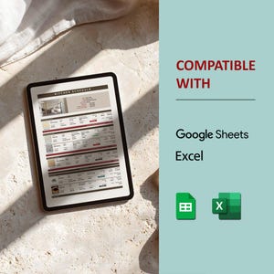 May include: A tablet displaying a digital kitchen schedule spreadsheet. The screen shows rows of data with columns for items, quantities, and costs. Text on the right side reads COMPATIBLE WITH Google Sheets and Excel, with their respective icons.