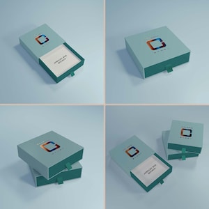 May include: A set of four jewelry box mockups in various arrangements. The boxes are light teal with a colorful logo and a pull tab. One box is open, revealing a white interior with the text "JEWELRY BOX MOCKUP".