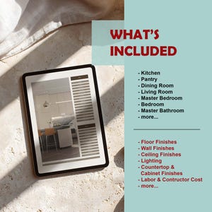May include: A digital tablet displaying a home renovation tracker with a list of rooms including Kitchen, Pantry, Dining Room, Living Room, Bedroom, and Bathroom, plus categories for Floor, Wall, Ceiling, Lighting, and Contractor costs.