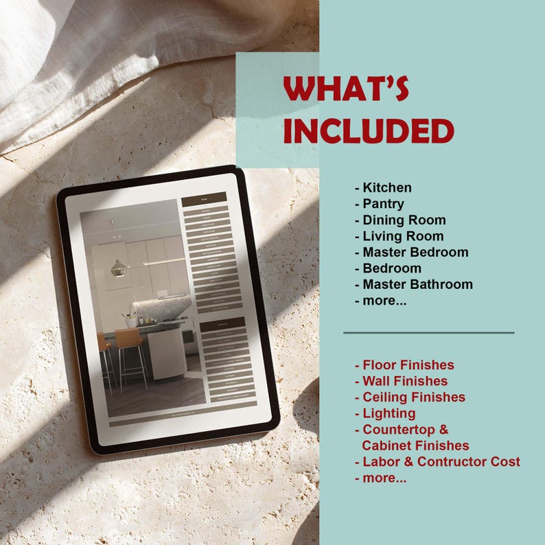 May include: A digital tablet displaying a home renovation tracker with a list of rooms including Kitchen, Pantry, Dining Room, Living Room, Bedroom, and Bathroom, plus categories for Floor, Wall, Ceiling, Lighting, and Contractor costs.