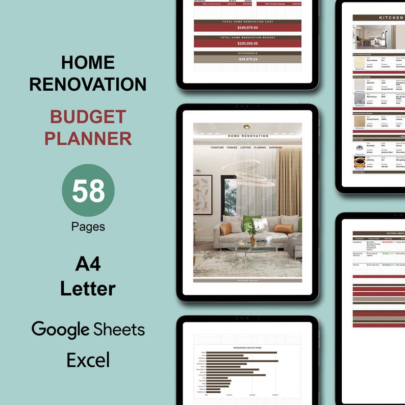 Room by Room Home Renovation Budget Planner, Home Remodeling Planner Checklist Google Sheets, Spec Sheet Contractor, Interior Specs Tracker image 2