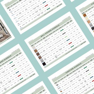 May include: Several white paper documents with detailed text and charts are arranged on a light blue surface. The documents include titles such as "Wall Finishes Schedule" and "Furniture Schedule". The documents appear to be related to interior design or construction.