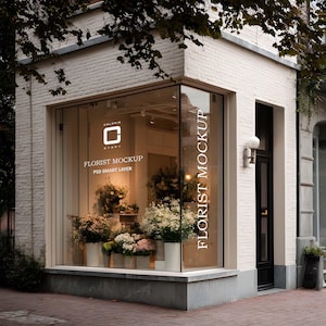 May include: Exterior view of a florist shop with a large glass window showcasing floral displays in white and grey pots. The shop's facade is white brick, and the window features the text "FLORIST MOCKUP".