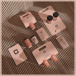 May include: A collection of coffee-related products, including to-go cups, bags, and a clipboard, arranged on a wooden surface. The items are primarily in shades of peach and brown, with the text "I HAVE A PROBLEM WITHOUT COFFEE" and "STORY COFFEE".