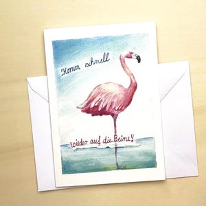 Flamingo | Klappkarte mit Umschlag | Gute Besserung | Alles wird Gut | Genesungswünsche | lustige Karte gebrochenes Bein | Kniegelenk OP