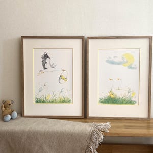 Kinderbild Gänse Familie & Klapperstorch Poster Set A4 | Kinderzimmer Bilder | Poster für Kinder | Fingerabdruck Poster Taufe | Geburtposter