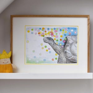 fröhliche Schildkröte mit buntem Konfetti  Kinderzimmerposter |  handgemaltes Tierposter Schildkröte | Fantasievolle Kinderzimmer Kunst