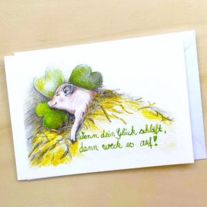 Glücksschwein # Glückskarte für jeden Tag # Viel Glück Klappkarte #  Glücksbringer Schwein #  Kleeblatt Karte # Motivationskarte Glück