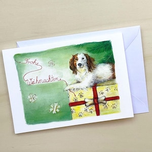 Weihnachtskarte Hund auf Geschenk mit Pfotenabdruck | Frohe Weihnachten Tannenbaum | Geschenk für Hundebesitzer | Hund Weihnachten Grußkarte