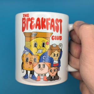The Breakfast Club Mug, Cute Cartoon Breakfast Characters, Fun Ceramic Coffee Cup Gift