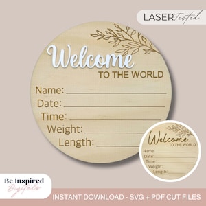 Welcome to the world baby birth stat sign laser cut, svg | Hello world baby sign laser cut file | Birth announcement digital laser cut file