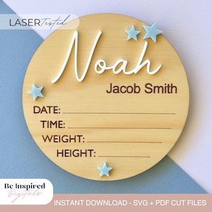Letrero de fecha de nacimiento de bebé personalizado de Hola mundo cortado con láser svg / Plantilla de letrero de bebé en archivo láser / Plantilla de anuncio de nacimiento en archivo cortado con láser digital