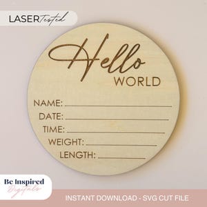 Hello World baby birth stat sign laser cut svg | Template baby sign laser file | Template Birth announcement digital laser cut file