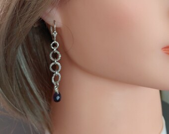 Sterling Amethyst Earrings, Antiqued Sterling Silver Rope Circle, Gemstone, Long Dangle Jewelry