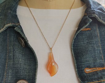 Carnelian Gemstone Lily Pendant Necklace with freshwater pearl on 14kt Gold Filled Chain Nature Jewelry